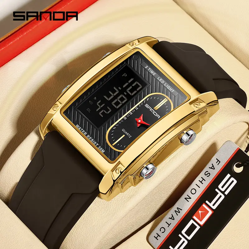 Sanda Men's Black Gold Digital Watch with Silicone Strap - Image 8