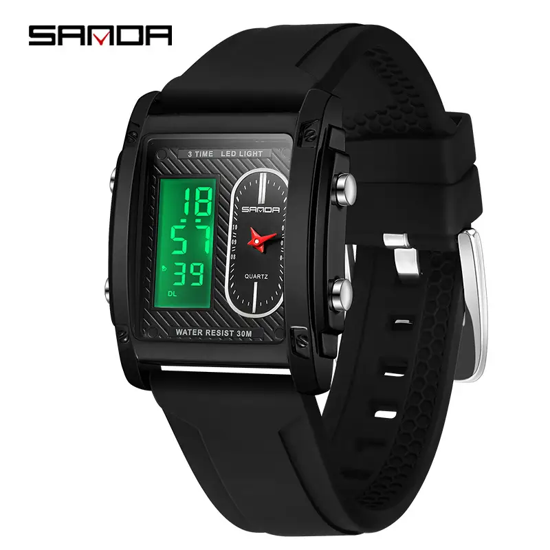 Sanda Men's Black Gold Digital Watch with Silicone Strap - Image 2