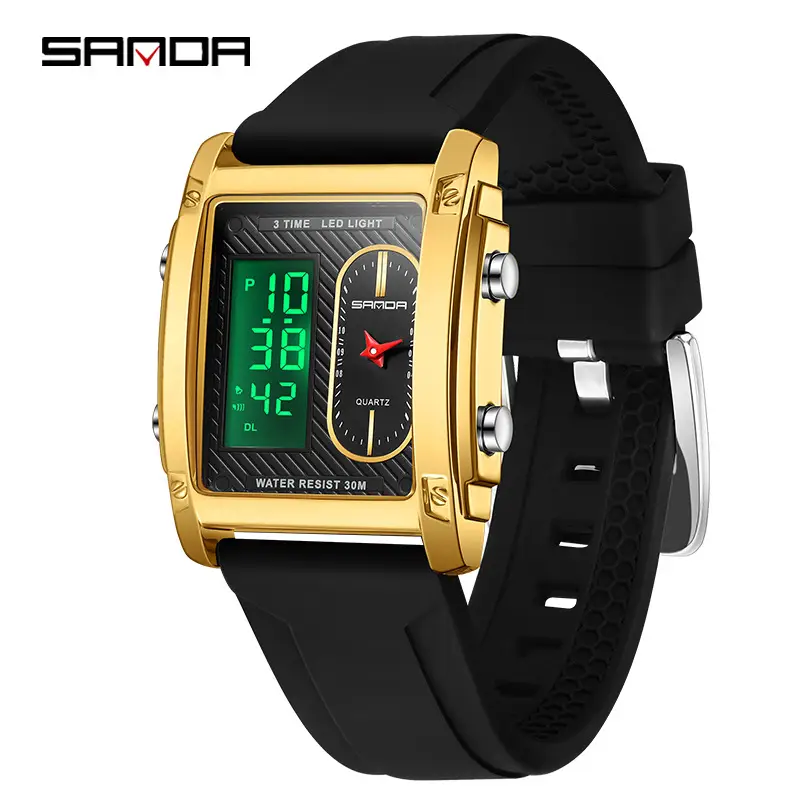 Sanda Men's Black Gold Digital Watch with Silicone Strap - Image 4