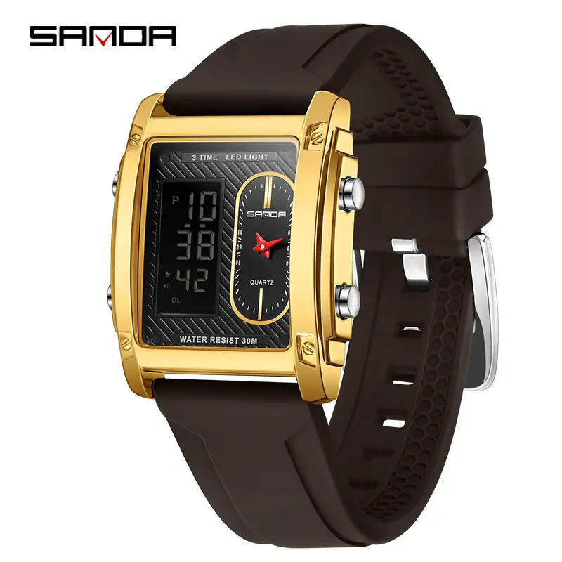 Sanda Men's Black Gold Digital Watch with Silicone Strap - Image 5