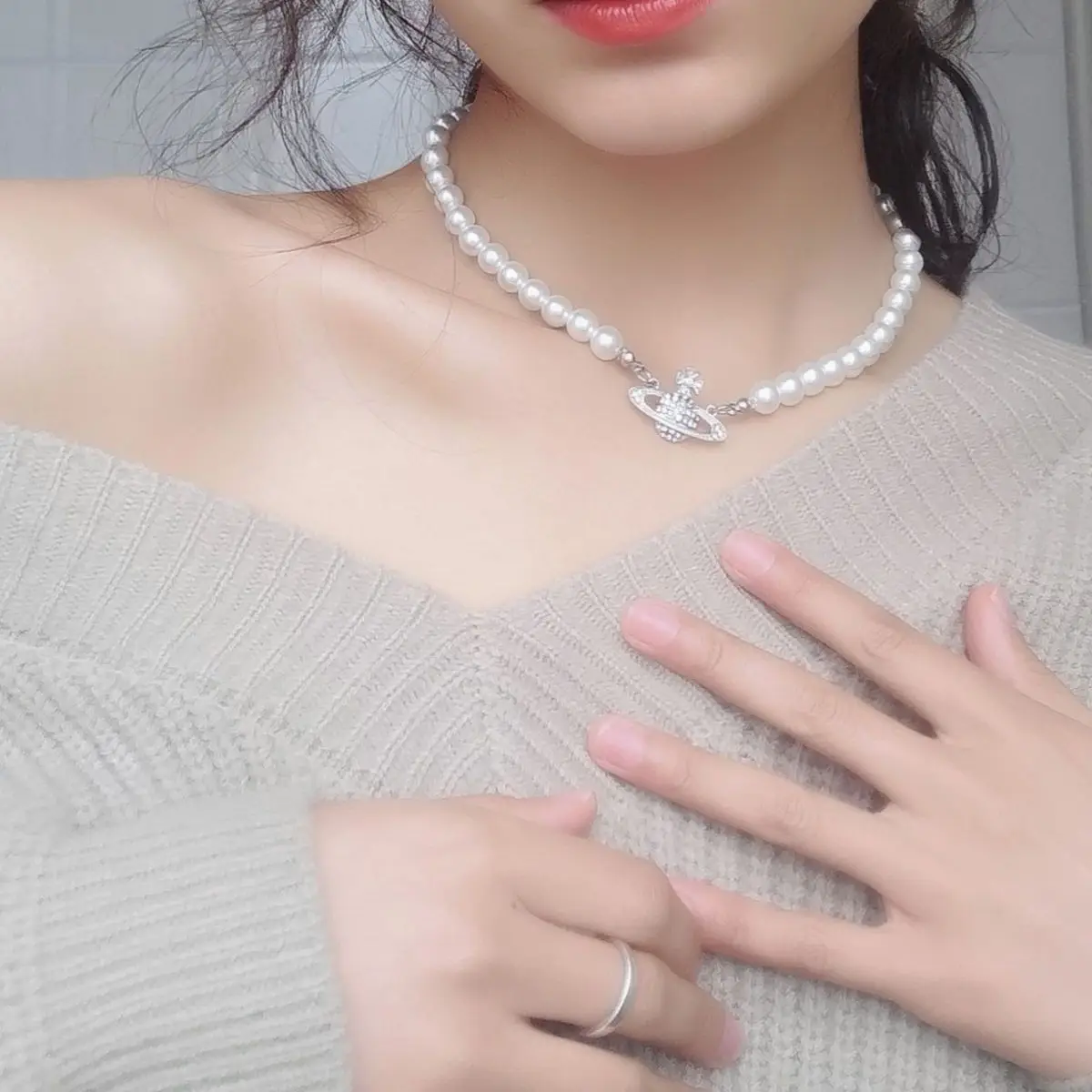 Saturn Pin Necklace with Diamond Charm for Women - Image 2