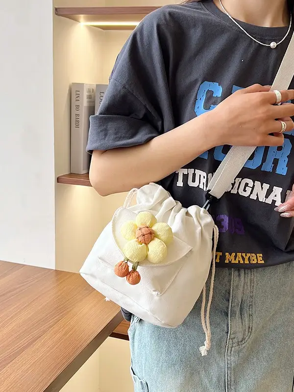 Women's Flower Drawstring Crossbody Bag Canvas 2024 - Image 7