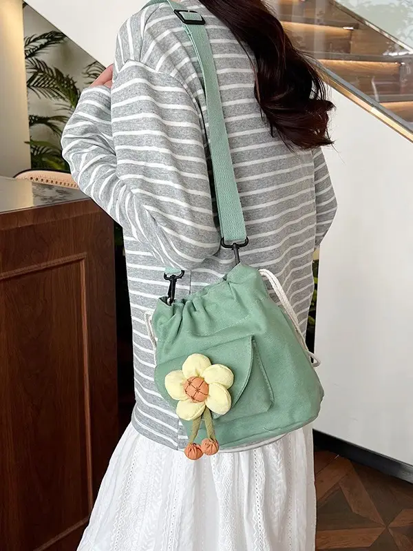 Women's Flower Drawstring Crossbody Bag Canvas 2024 - Image 9