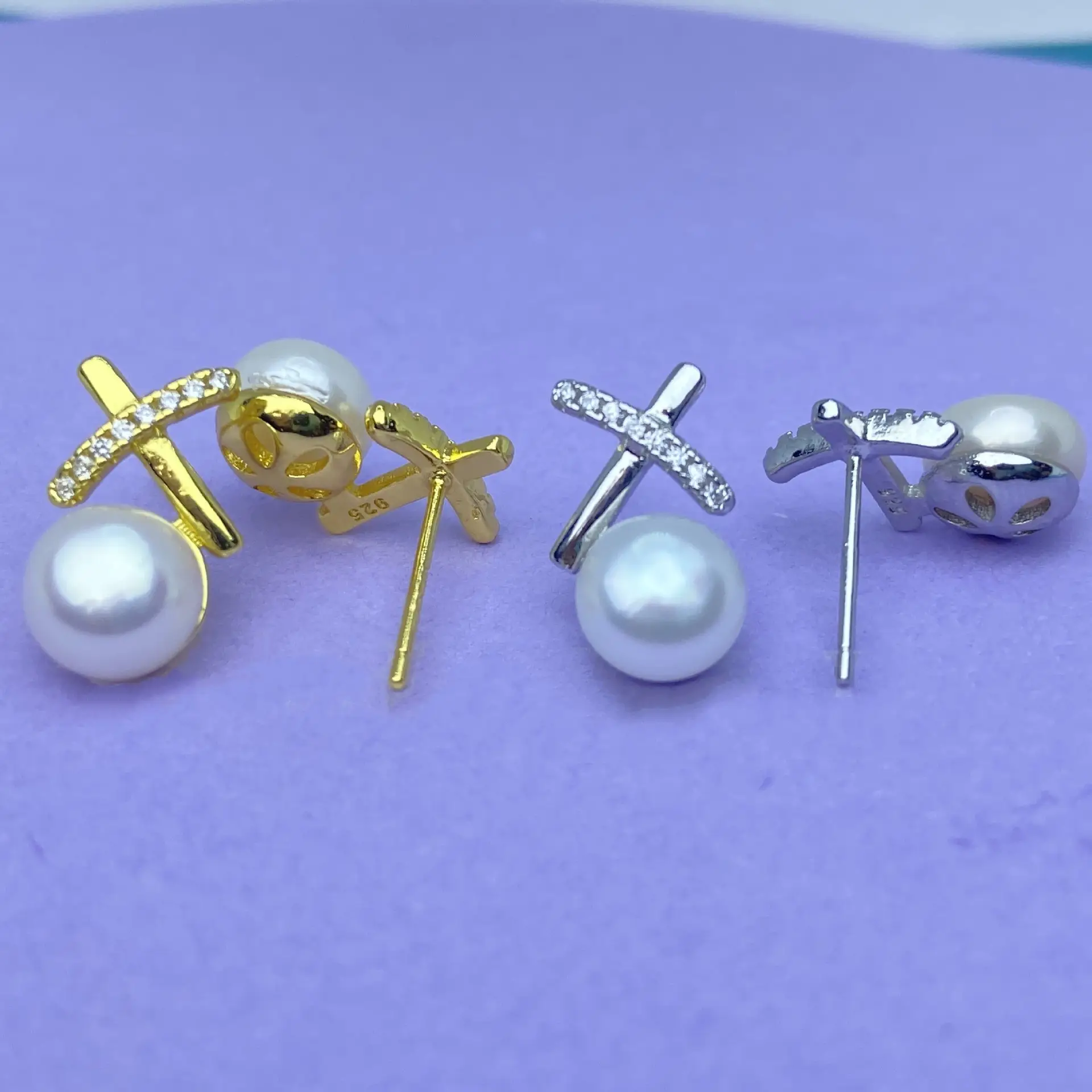 X-Shape Pearl Earrings for Women Gold Plated - Image 2