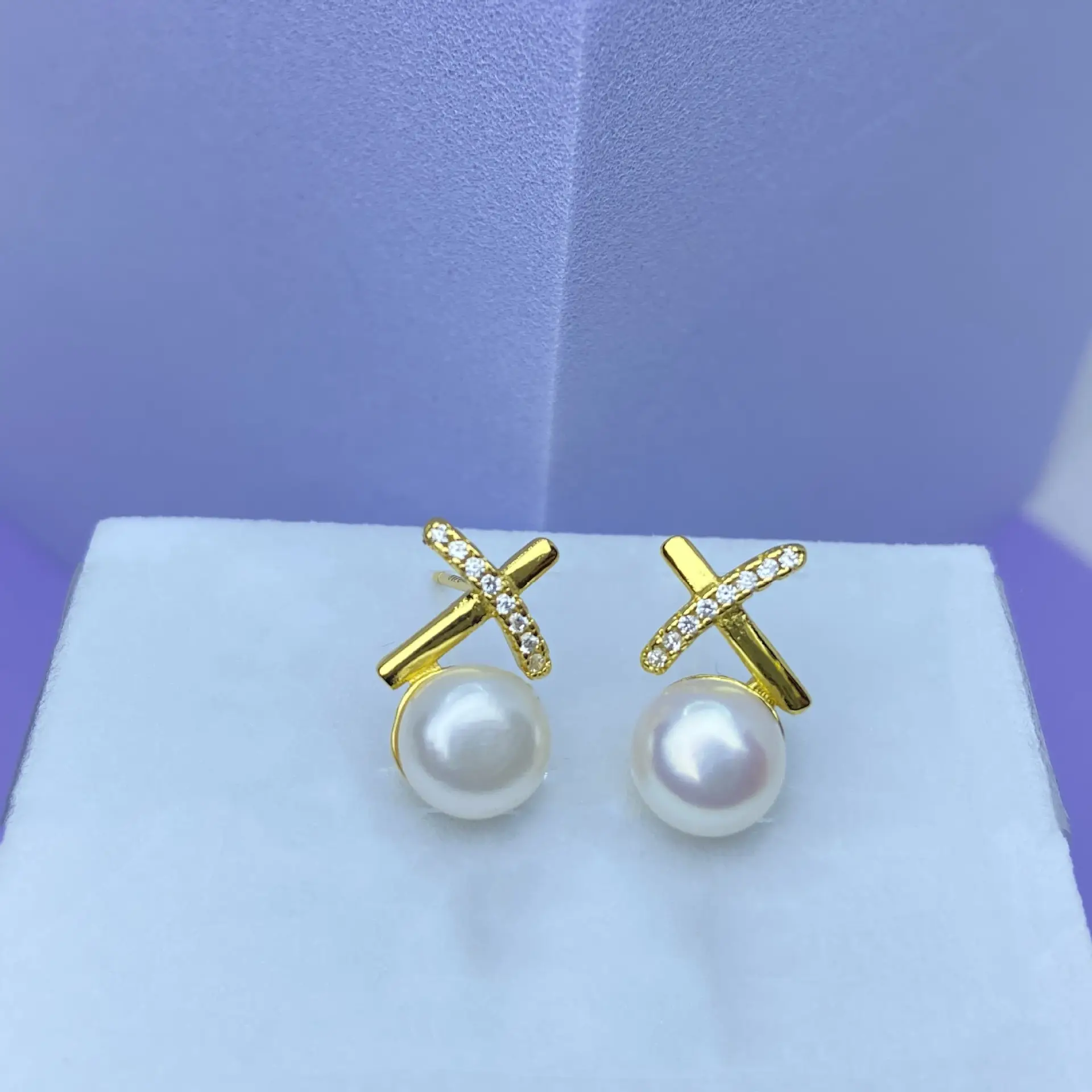 X-Shape Pearl Earrings for Women Gold Plated - Image 3