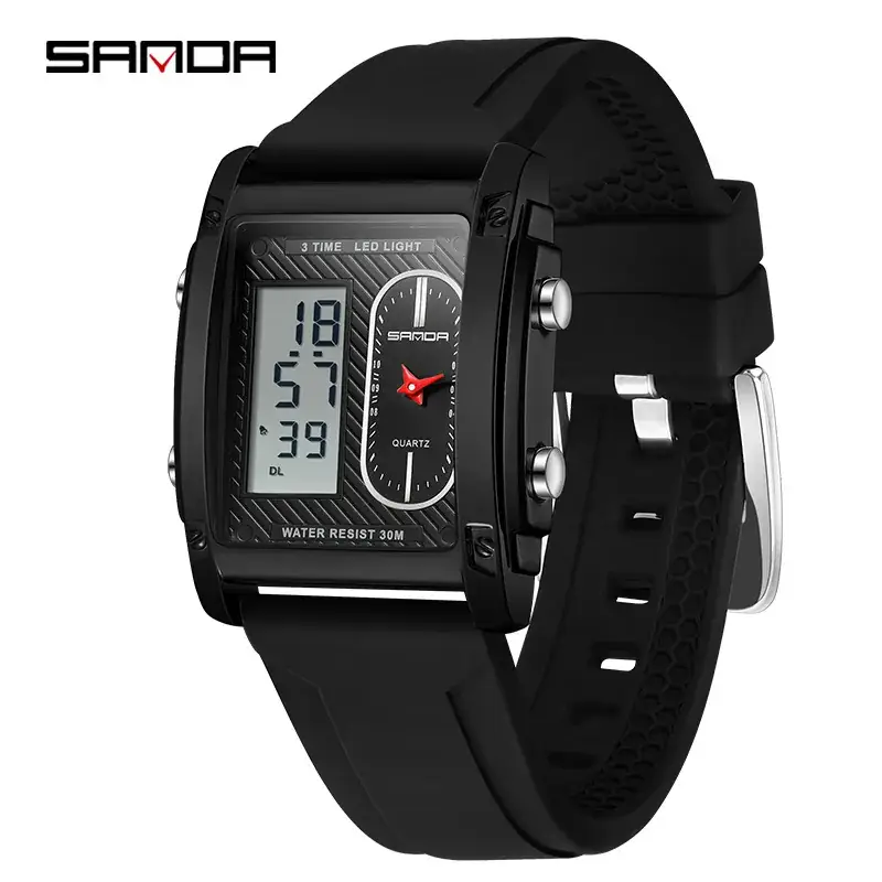 Sanda Men's Digital Watch Black Silicone Strap Waterproof Dual Display - Image 2