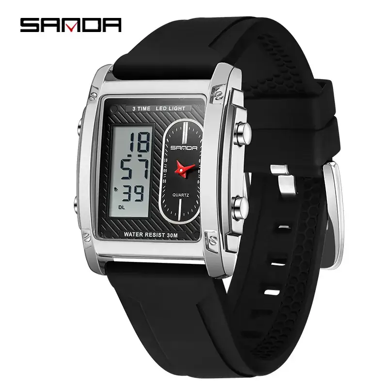 Sanda Men's Digital Watch Black Silicone Strap Waterproof Dual Display - Image 3