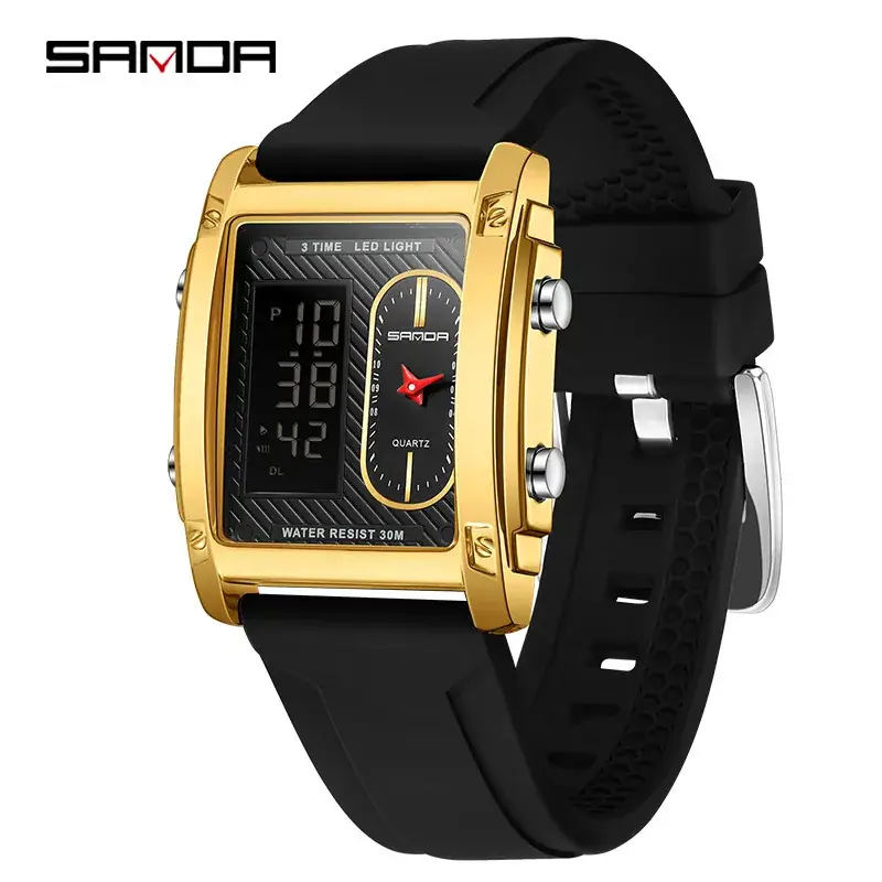 Sanda Men's Digital Watch Black Silicone Strap Waterproof Dual Display - Image 4