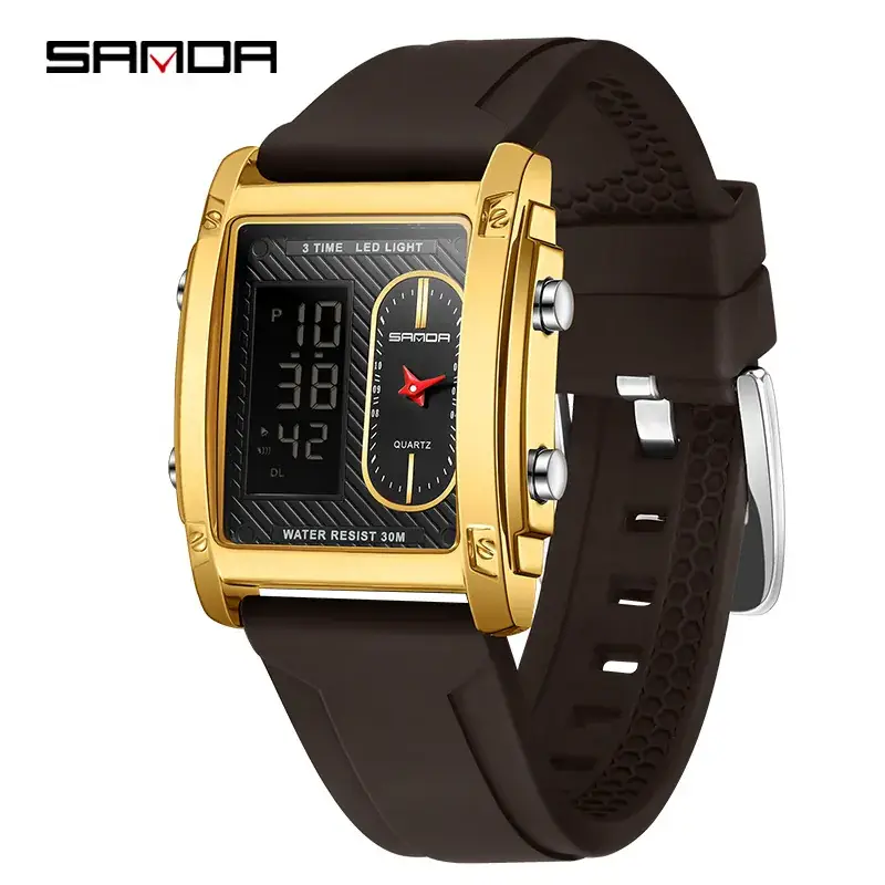Sanda Men's Digital Watch Black Silicone Strap Waterproof Dual Display - Image 5