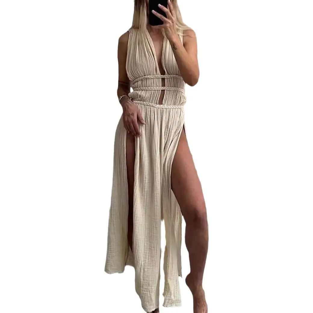 Foreign Trade Linen Blended Sleeveless Skirt with Braid Belt - Image 7
