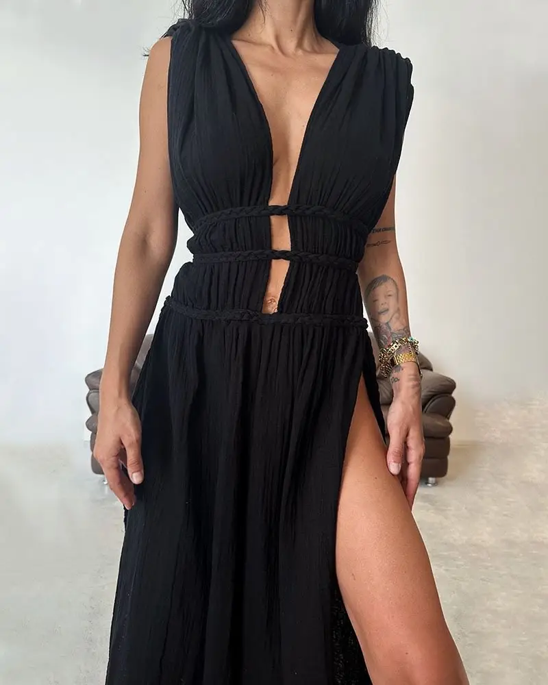 Foreign Trade Linen Blended Sleeveless Skirt with Braid Belt — feature 10
