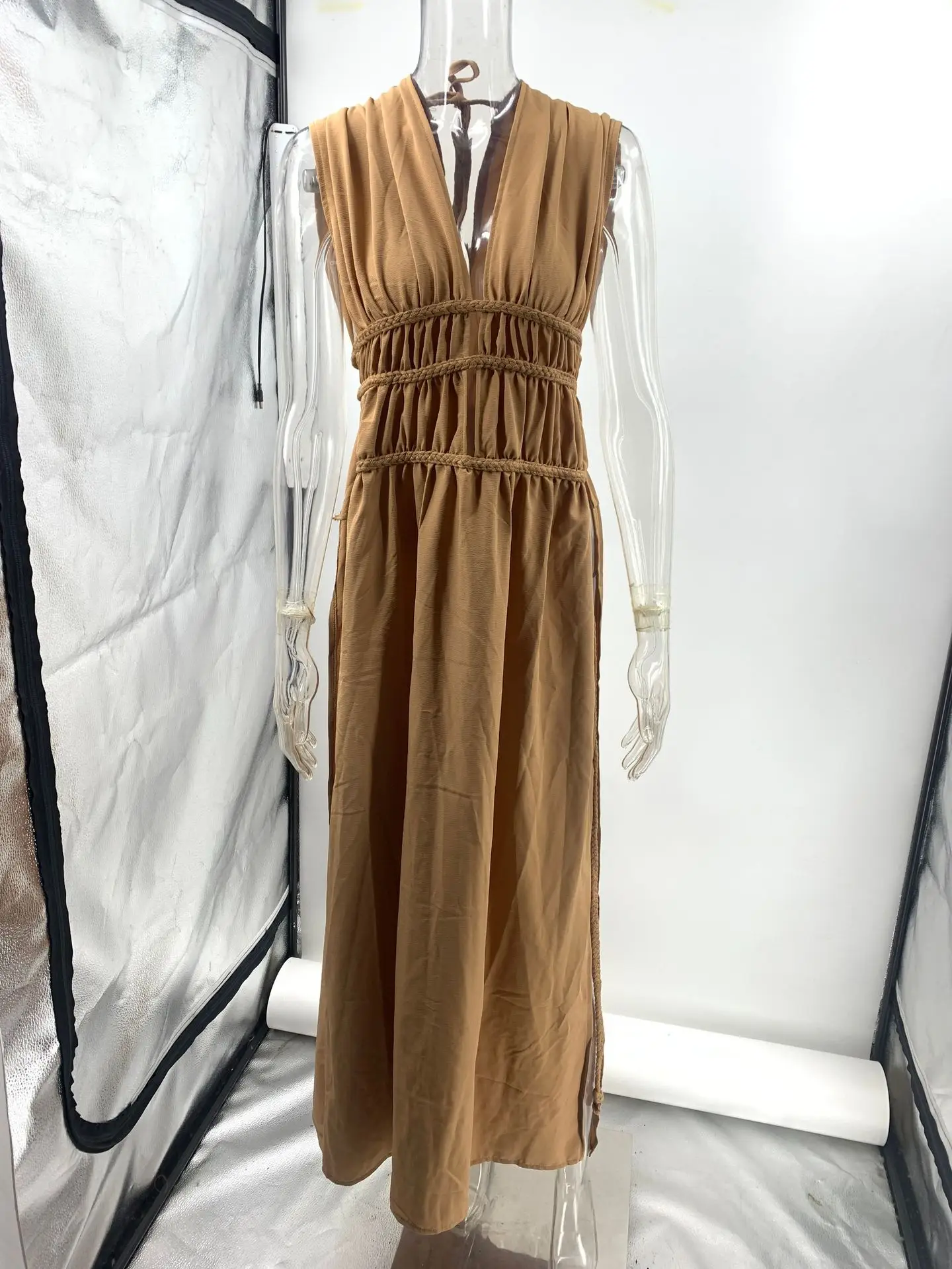 Foreign Trade Linen Blended Sleeveless Skirt with Braid Belt — feature 12