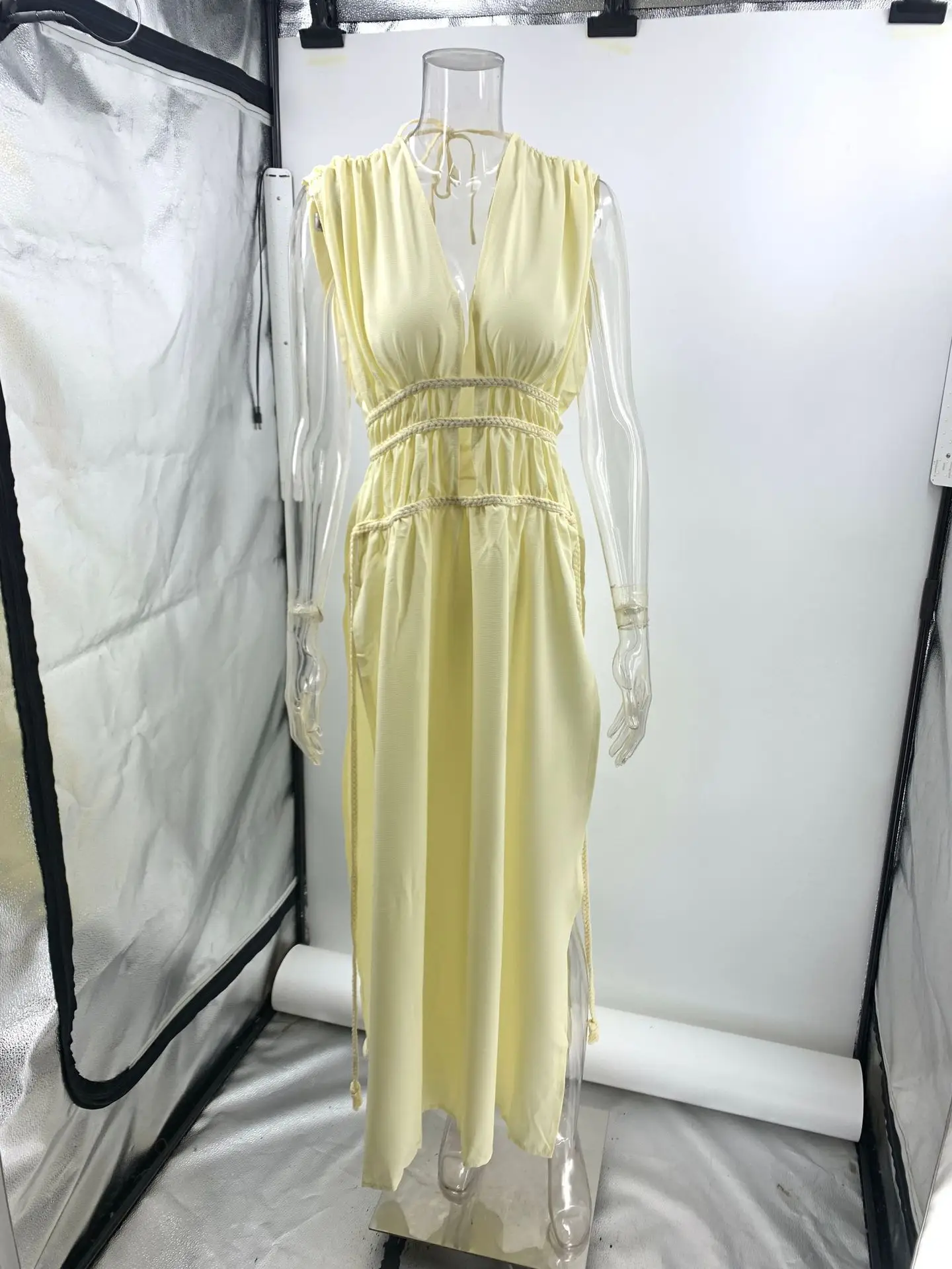 Foreign Trade Linen Blended Sleeveless Skirt with Braid Belt — feature 16