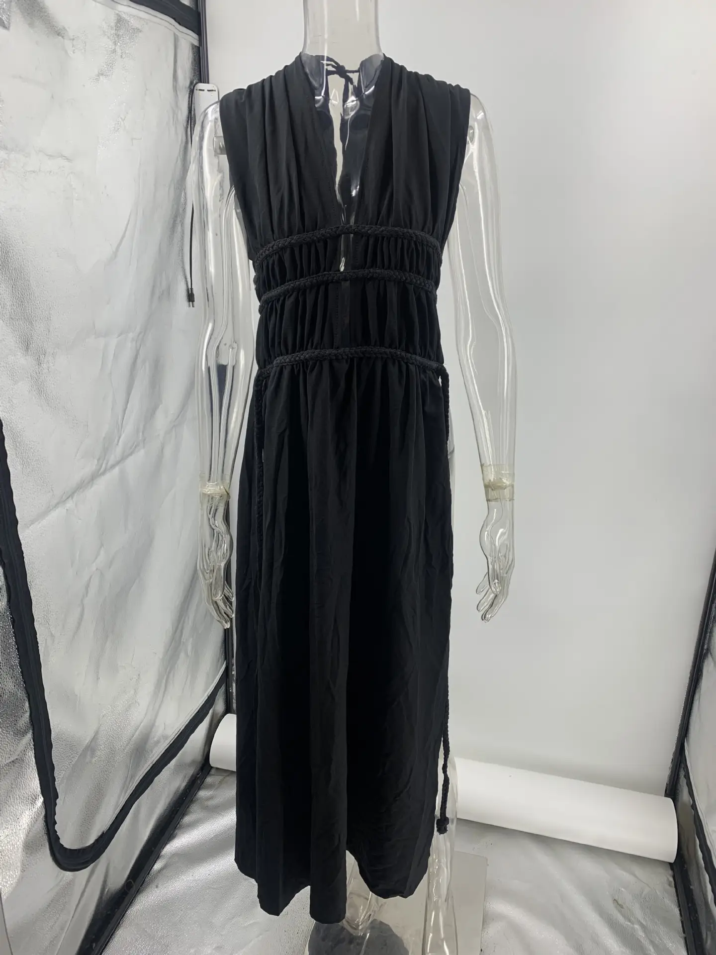 Foreign Trade Linen Blended Sleeveless Skirt with Braid Belt — feature 17