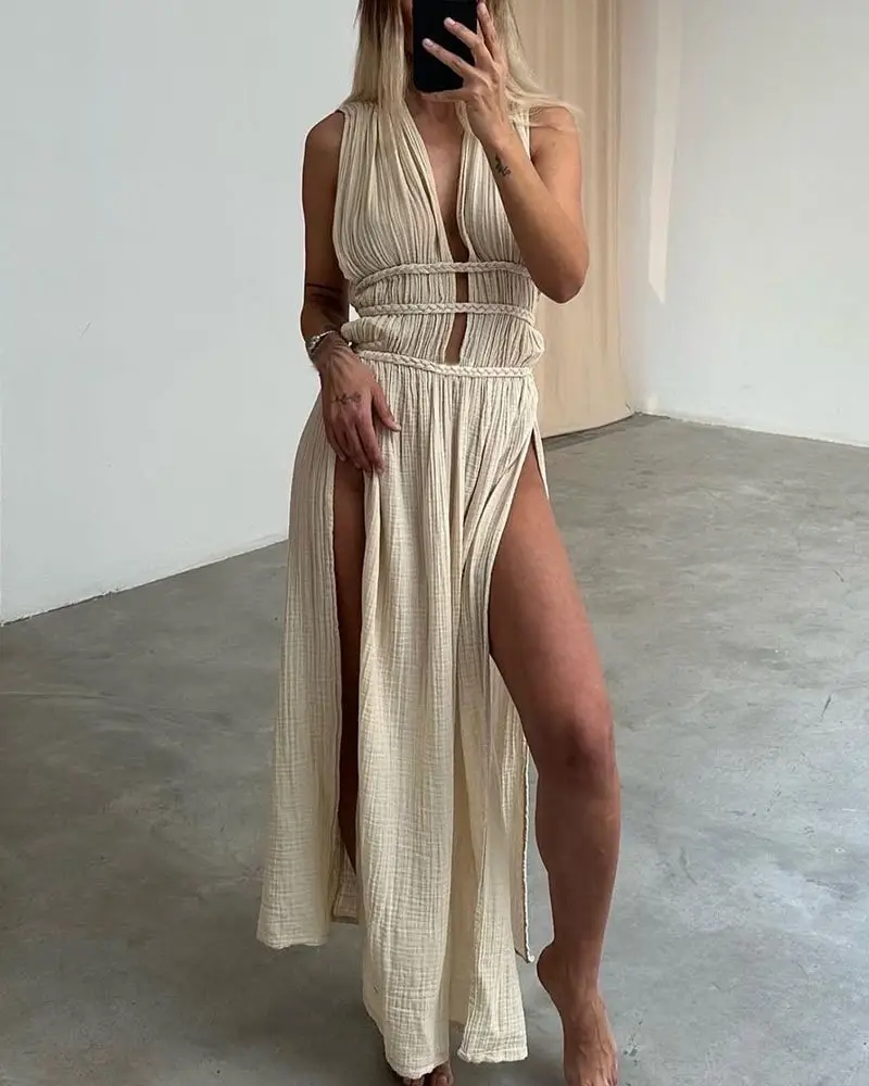 Foreign Trade Linen Blended Sleeveless Skirt with Braid Belt — feature 2