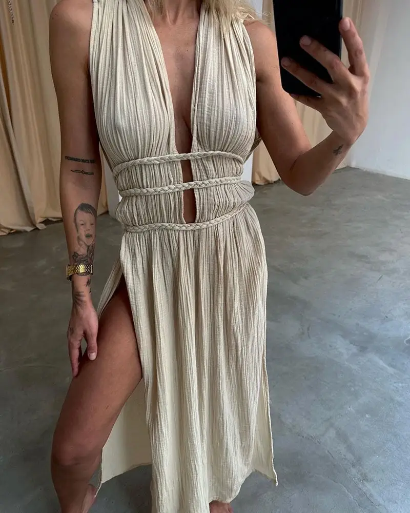 Foreign Trade Linen Blended Sleeveless Skirt with Braid Belt — feature 4