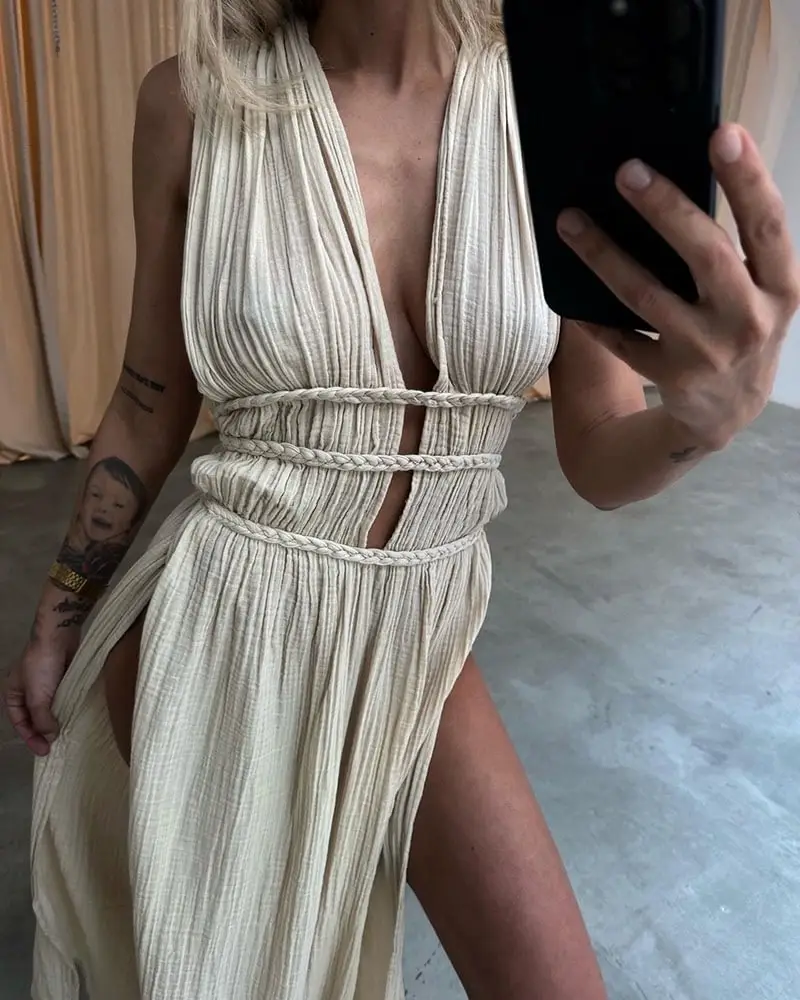 Foreign Trade Linen Blended Sleeveless Skirt with Braid Belt — feature 5