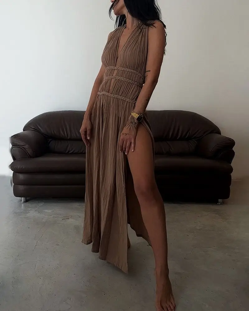 Foreign Trade Linen Blended Sleeveless Skirt with Braid Belt — feature 7
