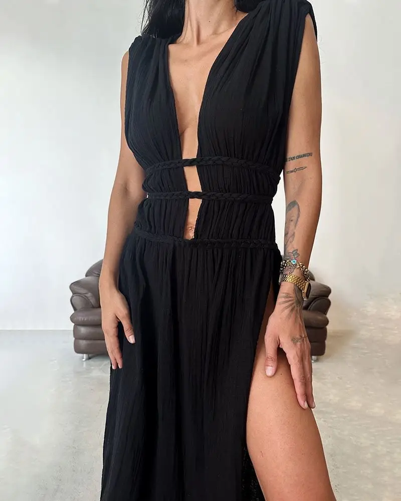 Foreign Trade Linen Blended Sleeveless Skirt with Braid Belt — feature 9