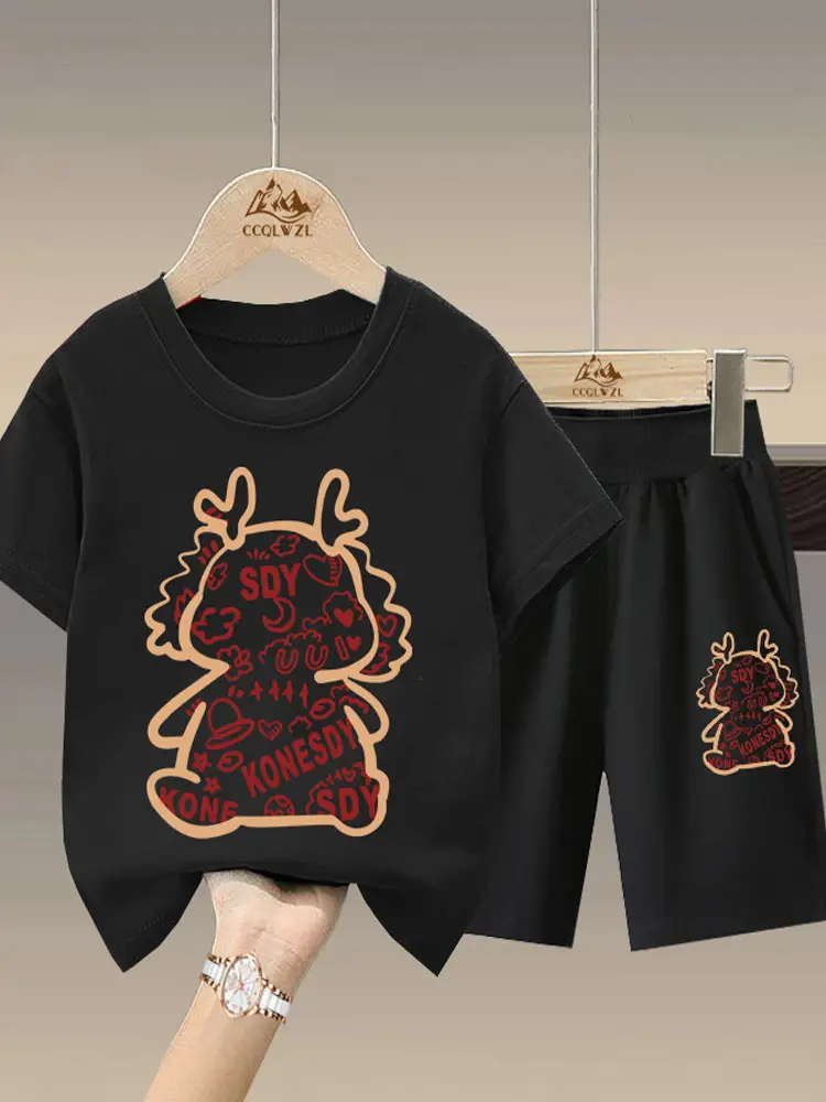 Boys Cotton Pink T-Shirt Black Shorts Set