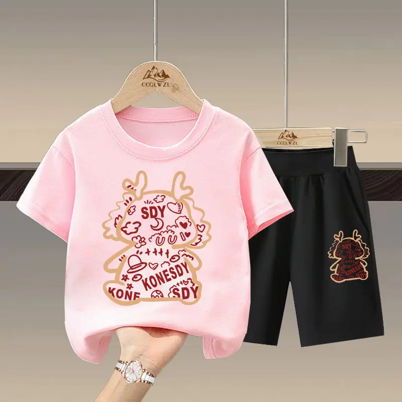 Boys Cotton Pink T-Shirt Black Shorts Set - Image 3