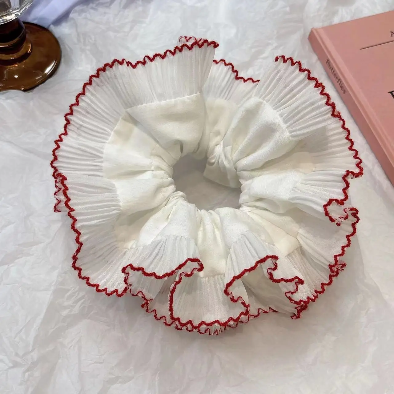 White Red Edge French Lace Hair Ring for Girls — feature 14
