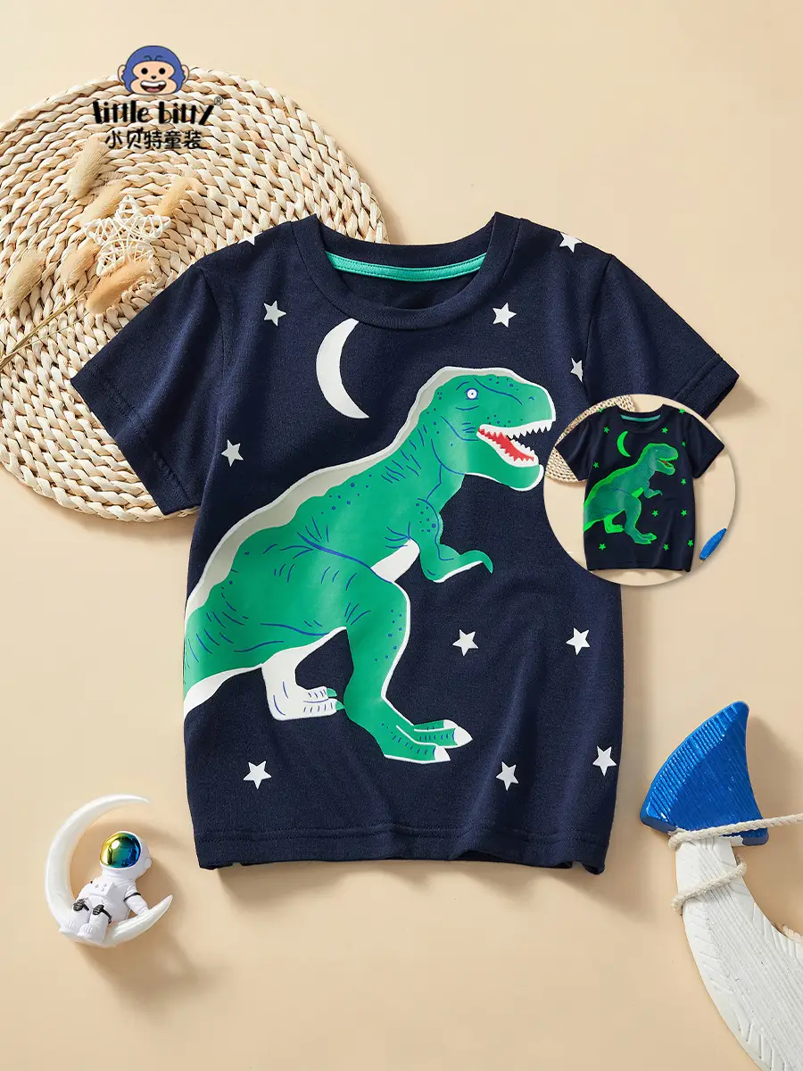 Children's Dinosaur Print T-Shirt Navy Blue 2025 Summer