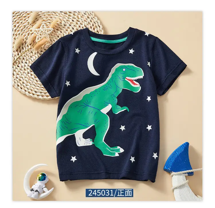 Children's Dinosaur Print T-Shirt Navy Blue 2025 Summer — feature 7