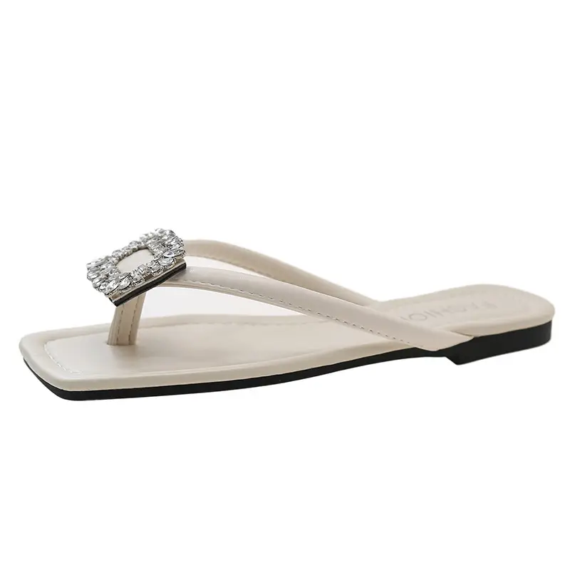 Square rhinestone buckle flip-flops 2024 new summer outdoor wet beach sandals French flat slippers for women