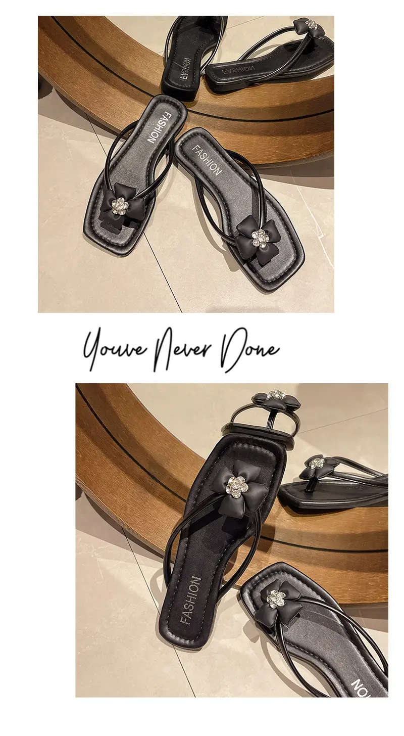 Square rhinestone buckle flip-flops 2024 new summer outdoor wet beach sandals French flat slippers for women — feature 11