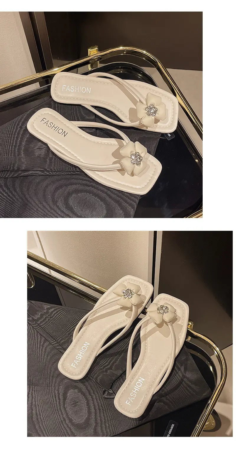 Square rhinestone buckle flip-flops 2024 new summer outdoor wet beach sandals French flat slippers for women — feature 13