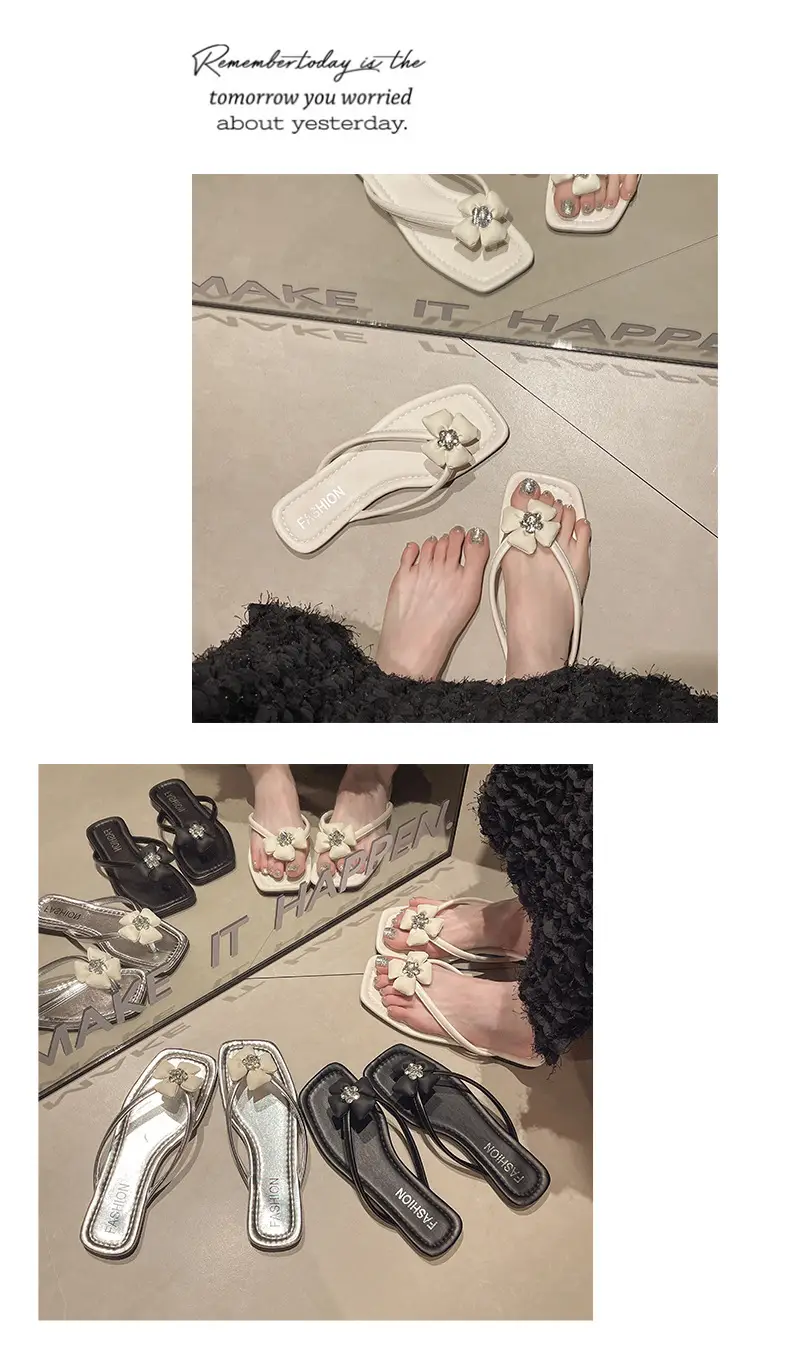 Square rhinestone buckle flip-flops 2024 new summer outdoor wet beach sandals French flat slippers for women — feature 15