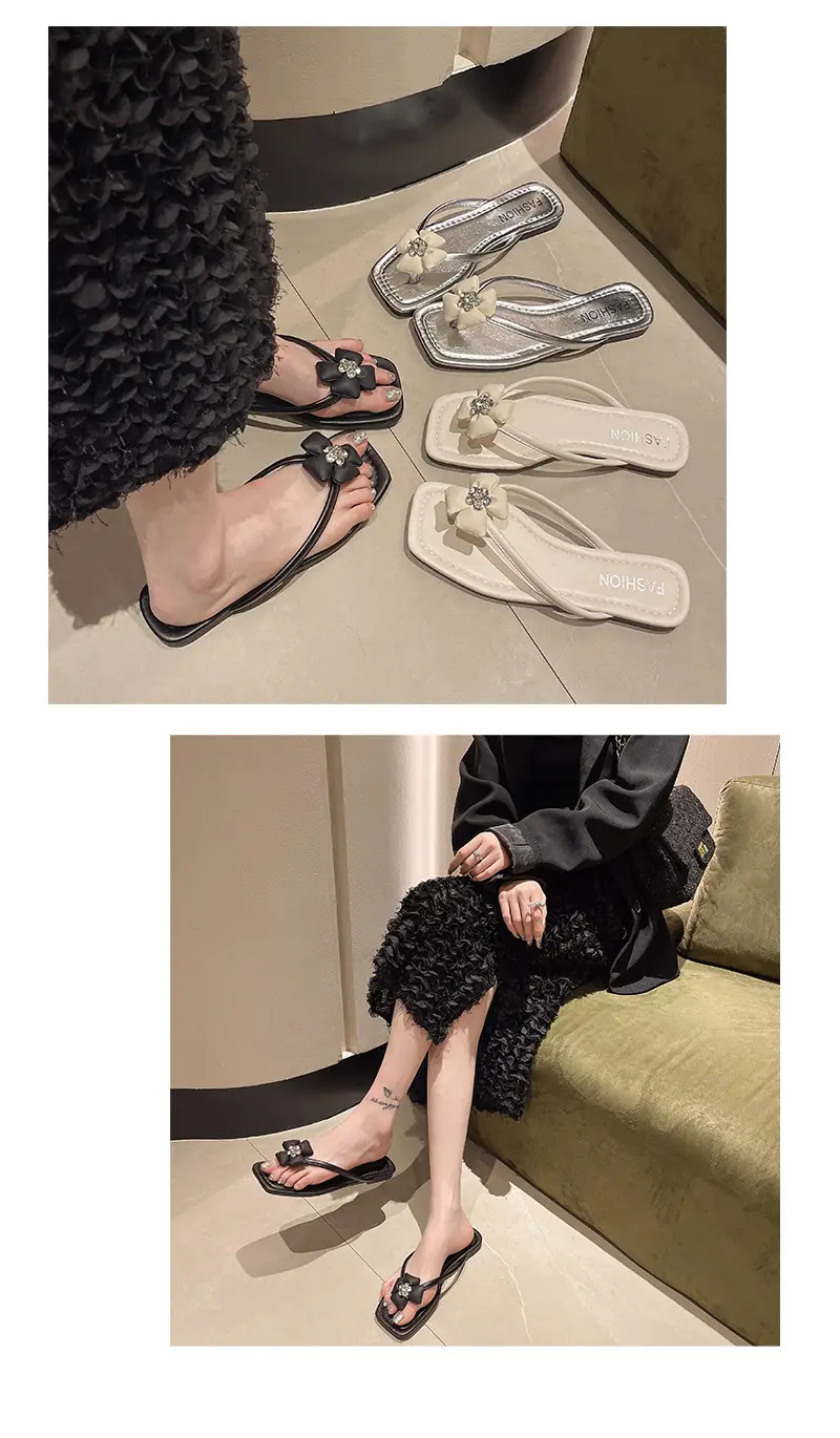 Square rhinestone buckle flip-flops 2024 new summer outdoor wet beach sandals French flat slippers for women — feature 16