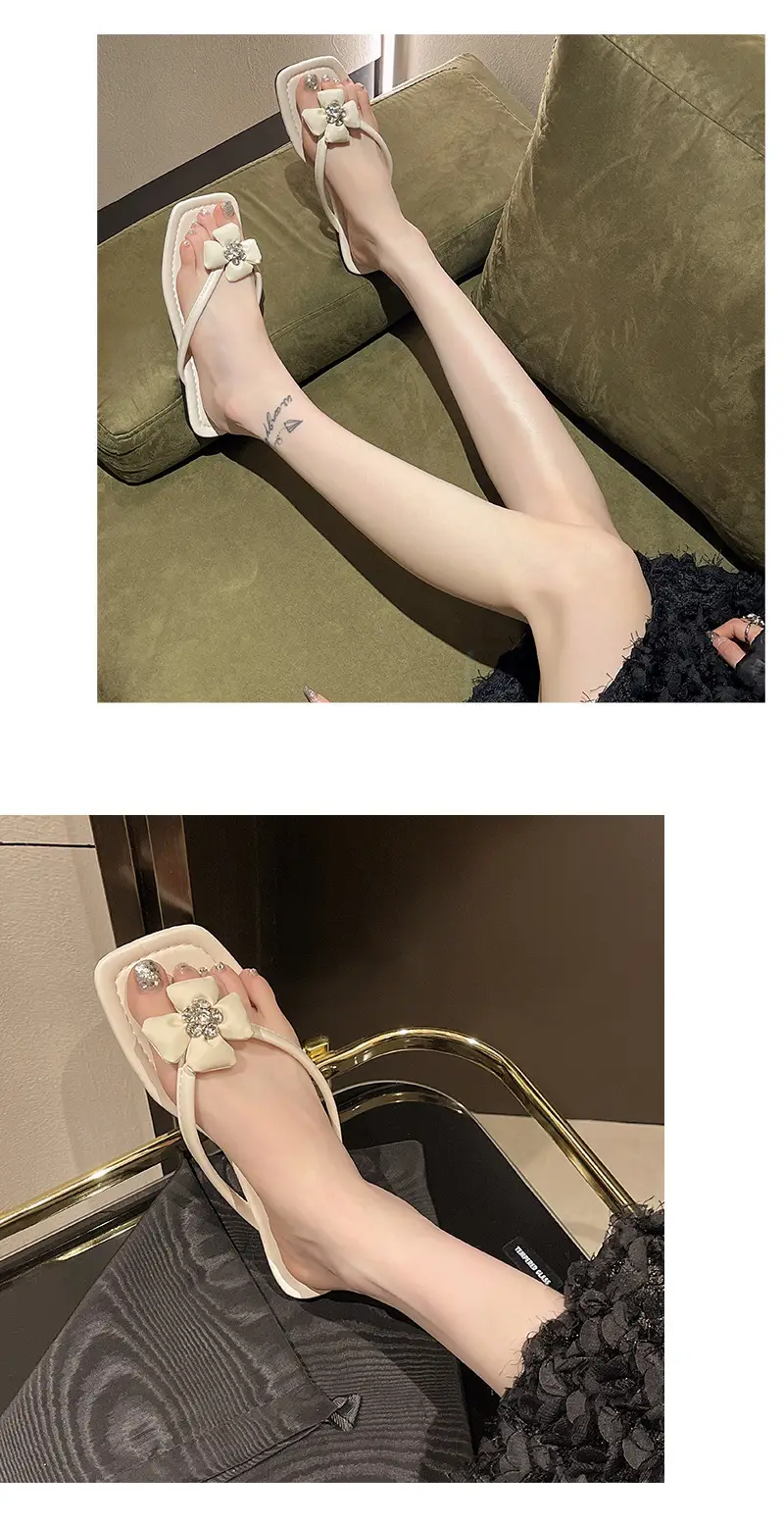 Square rhinestone buckle flip-flops 2024 new summer outdoor wet beach sandals French flat slippers for women — feature 19