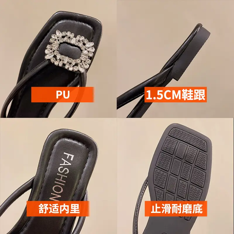 Square rhinestone buckle flip-flops 2024 new summer outdoor wet beach sandals French flat slippers for women — feature 22