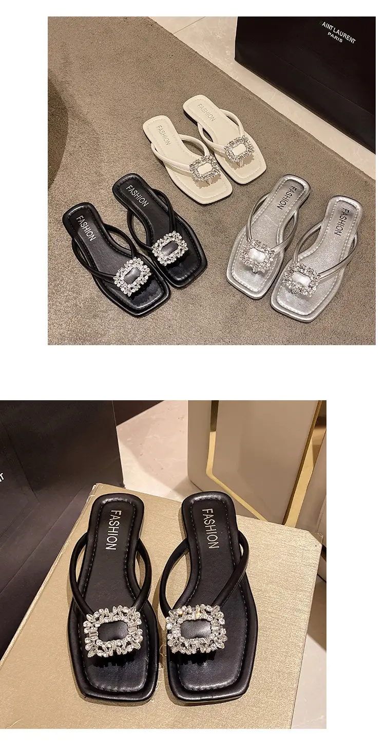 Square rhinestone buckle flip-flops 2024 new summer outdoor wet beach sandals French flat slippers for women — feature 25
