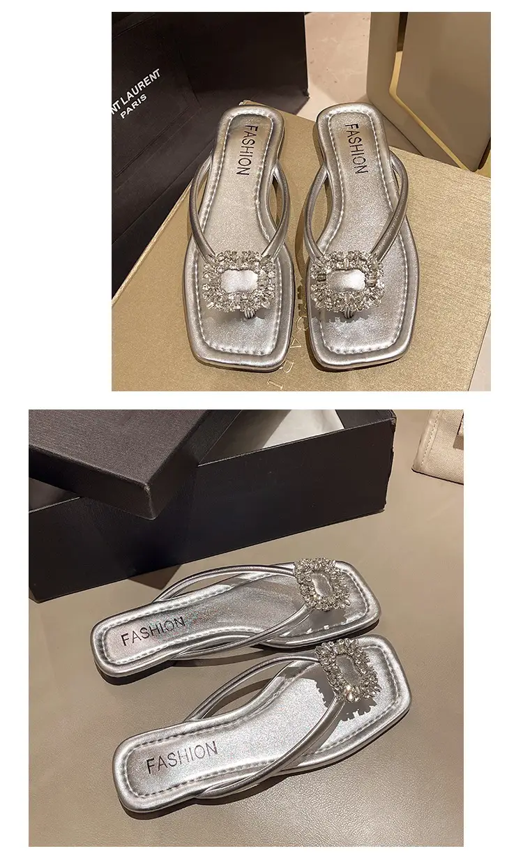 Square rhinestone buckle flip-flops 2024 new summer outdoor wet beach sandals French flat slippers for women — feature 26