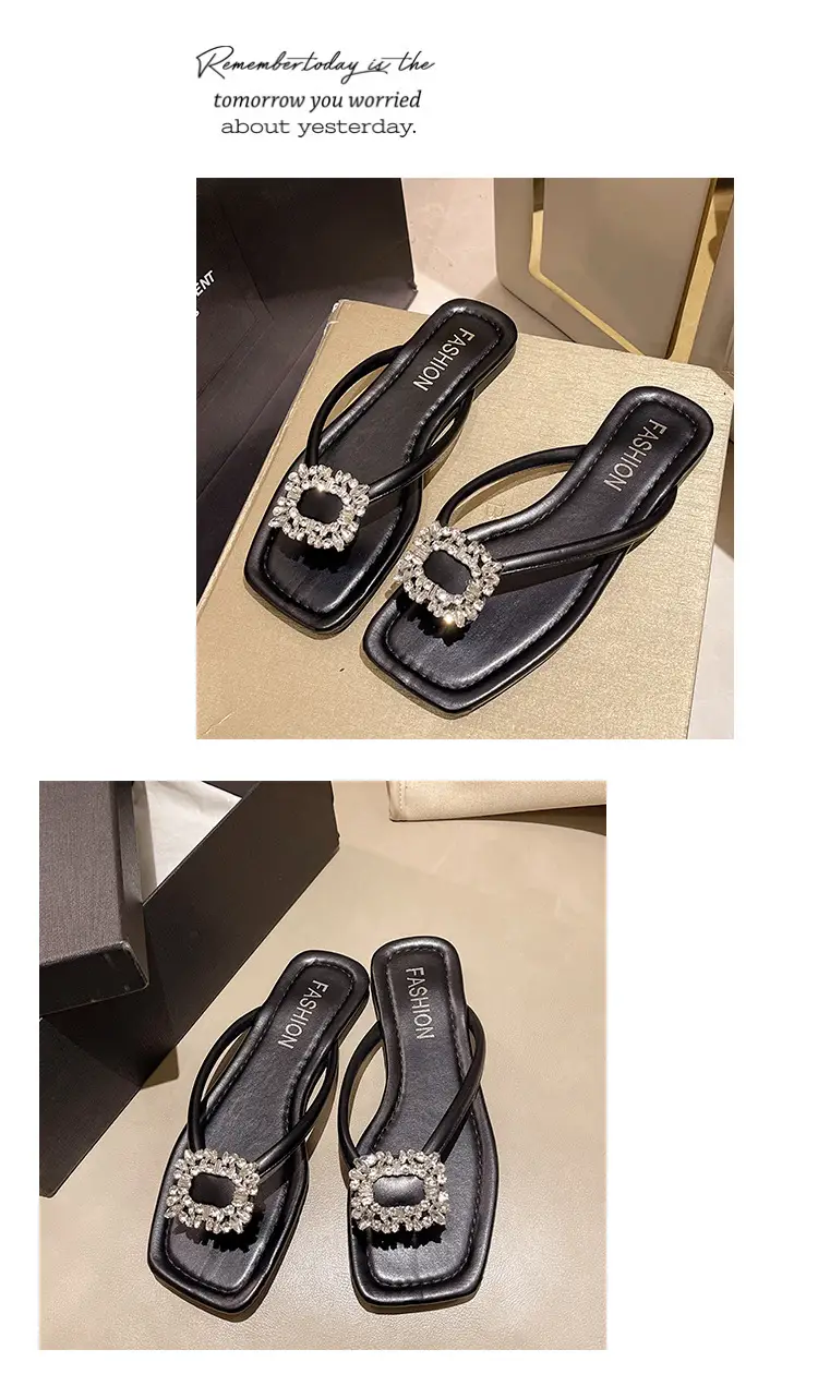 Square rhinestone buckle flip-flops 2024 new summer outdoor wet beach sandals French flat slippers for women — feature 27