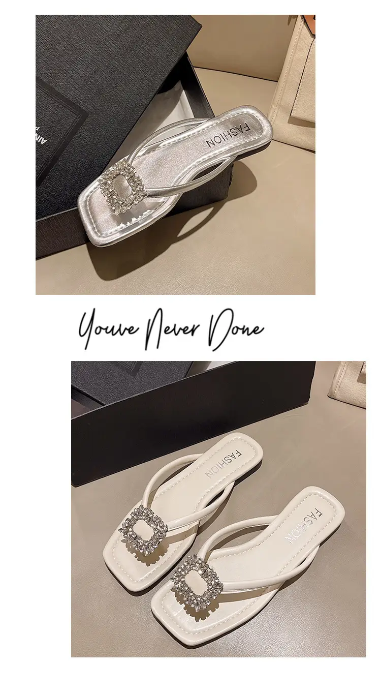 Square rhinestone buckle flip-flops 2024 new summer outdoor wet beach sandals French flat slippers for women — feature 28