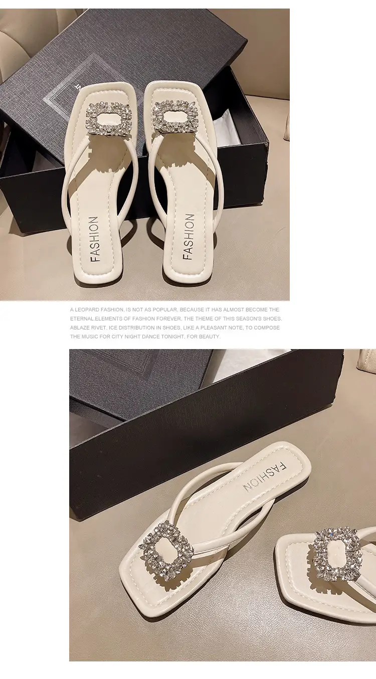 Square rhinestone buckle flip-flops 2024 new summer outdoor wet beach sandals French flat slippers for women — feature 29