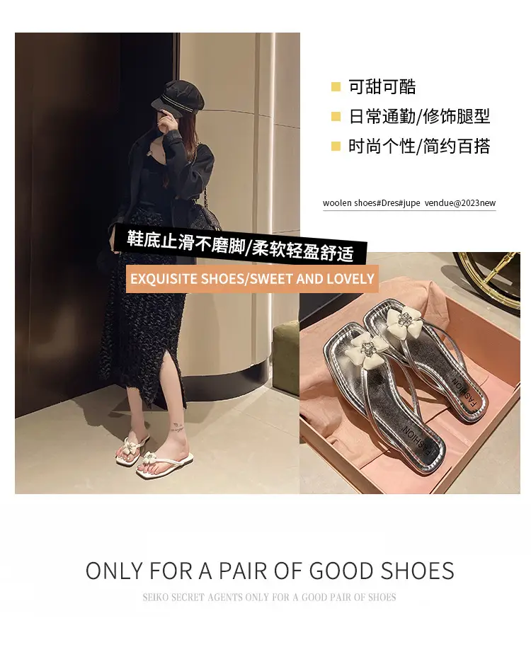Square rhinestone buckle flip-flops 2024 new summer outdoor wet beach sandals French flat slippers for women — feature 3