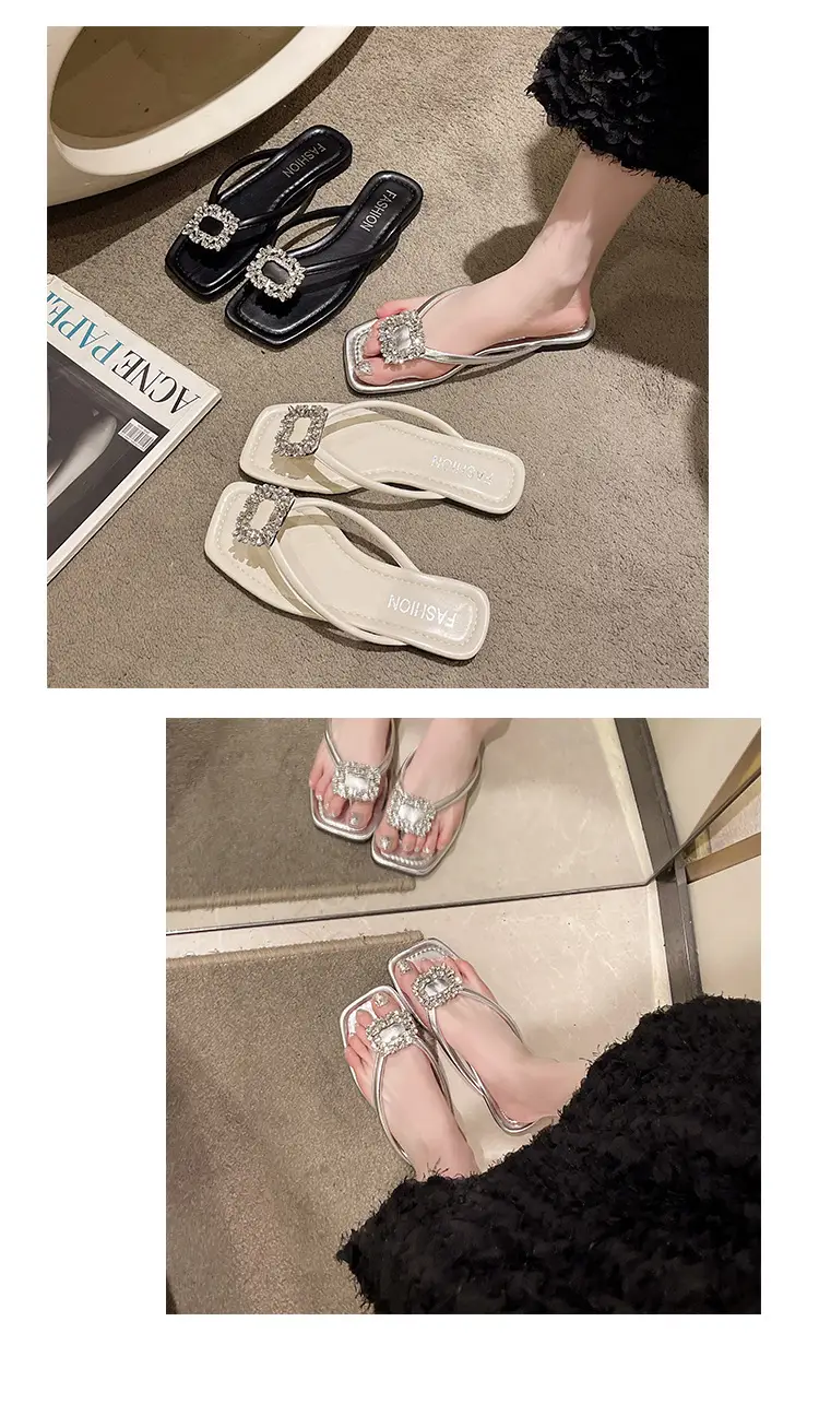 Square rhinestone buckle flip-flops 2024 new summer outdoor wet beach sandals French flat slippers for women — feature 30