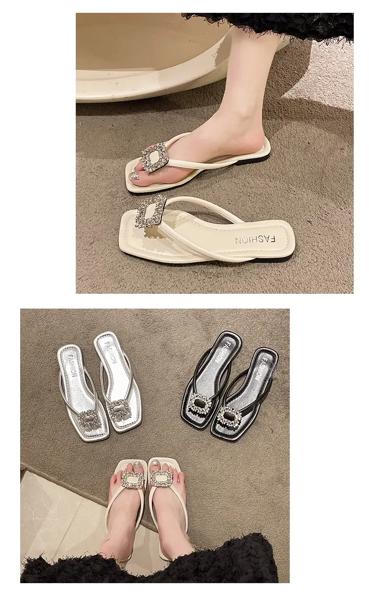 Square rhinestone buckle flip-flops 2024 new summer outdoor wet beach sandals French flat slippers for women — feature 31