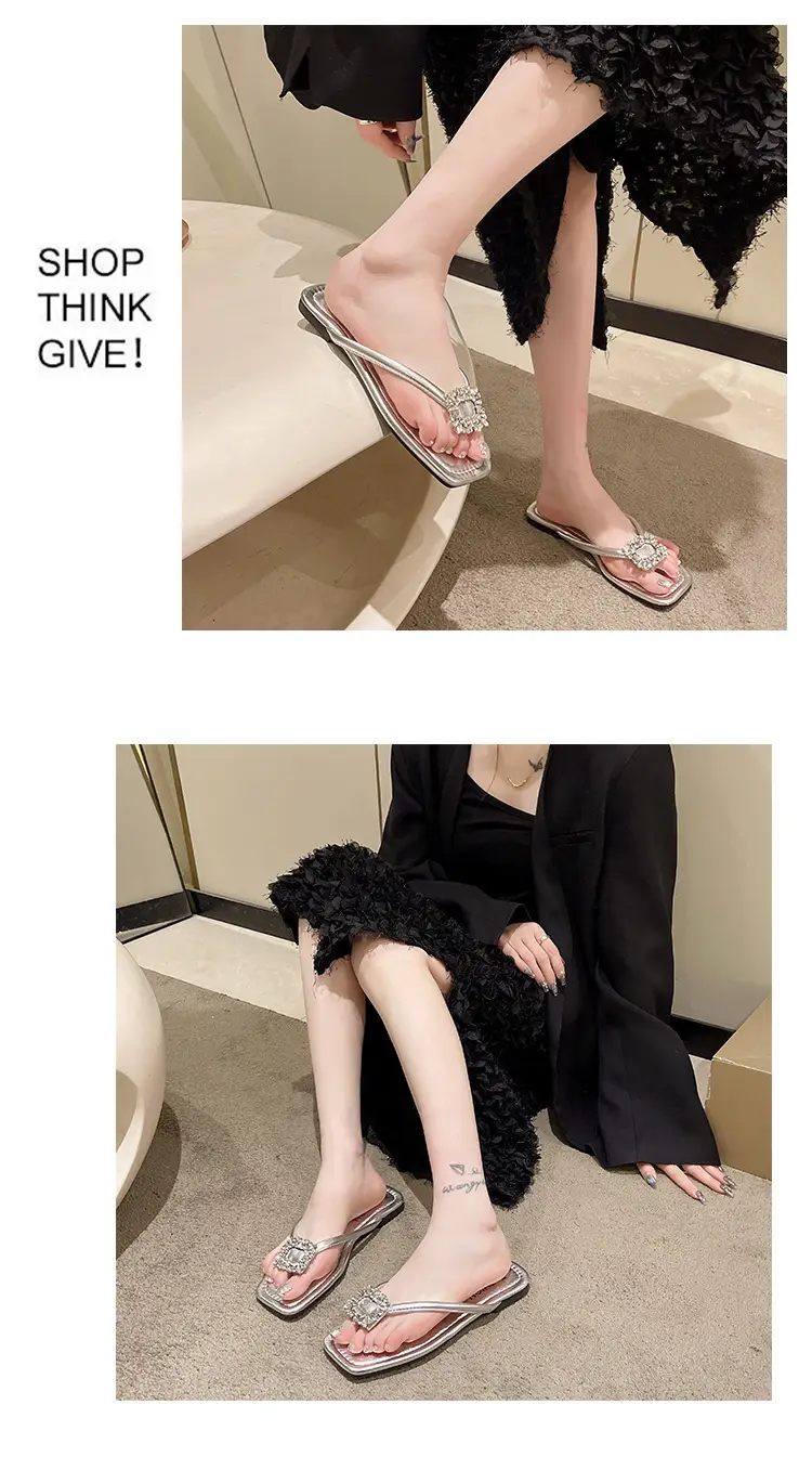 Square rhinestone buckle flip-flops 2024 new summer outdoor wet beach sandals French flat slippers for women — feature 32