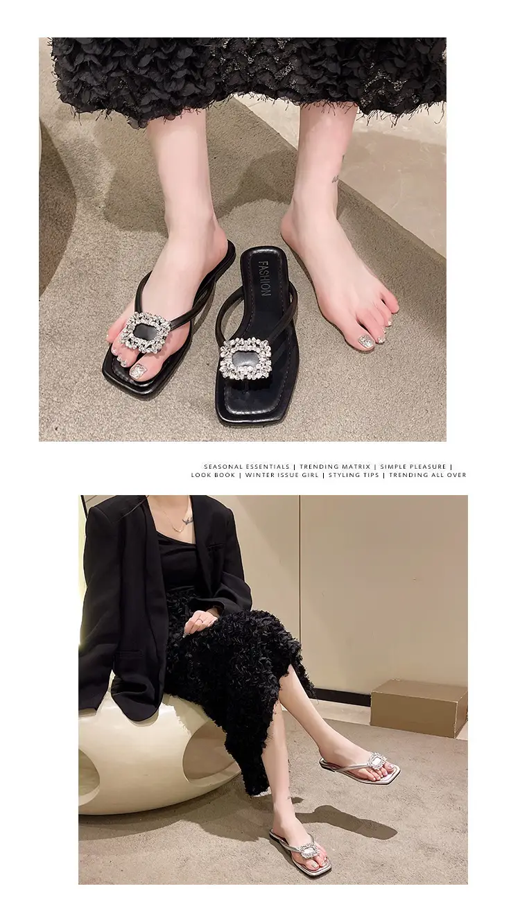 Square rhinestone buckle flip-flops 2024 new summer outdoor wet beach sandals French flat slippers for women — feature 33