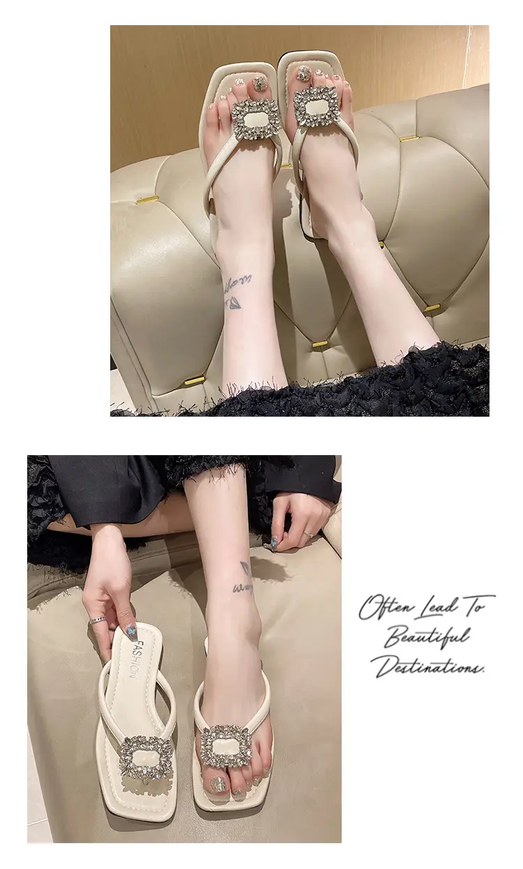 Square rhinestone buckle flip-flops 2024 new summer outdoor wet beach sandals French flat slippers for women — feature 34