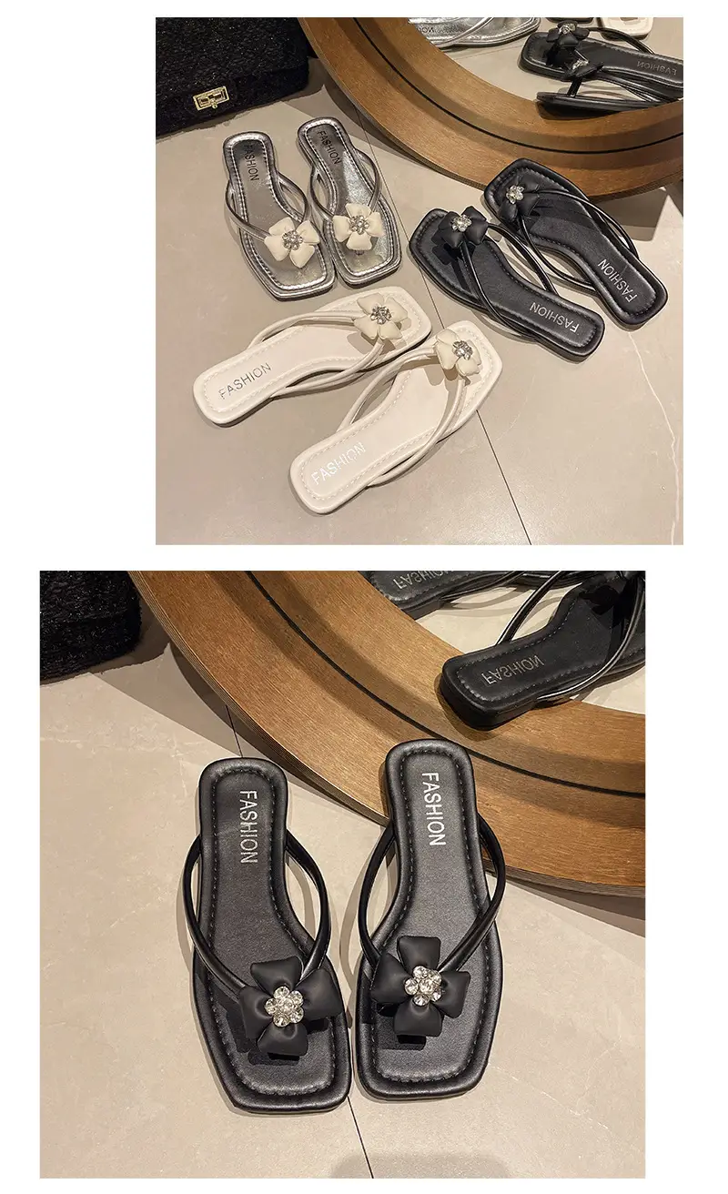 Square rhinestone buckle flip-flops 2024 new summer outdoor wet beach sandals French flat slippers for women — feature 9