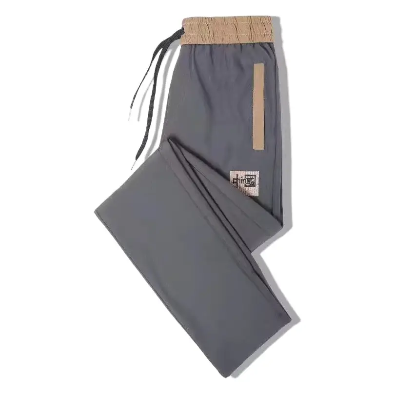 Men Ice Silk Straight Trousers Black Grey Embroidery