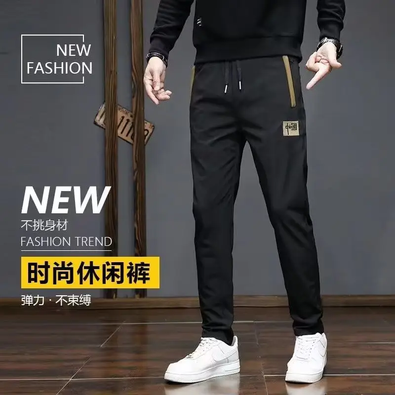 Men Ice Silk Straight Trousers Black Grey Embroidery — feature 1