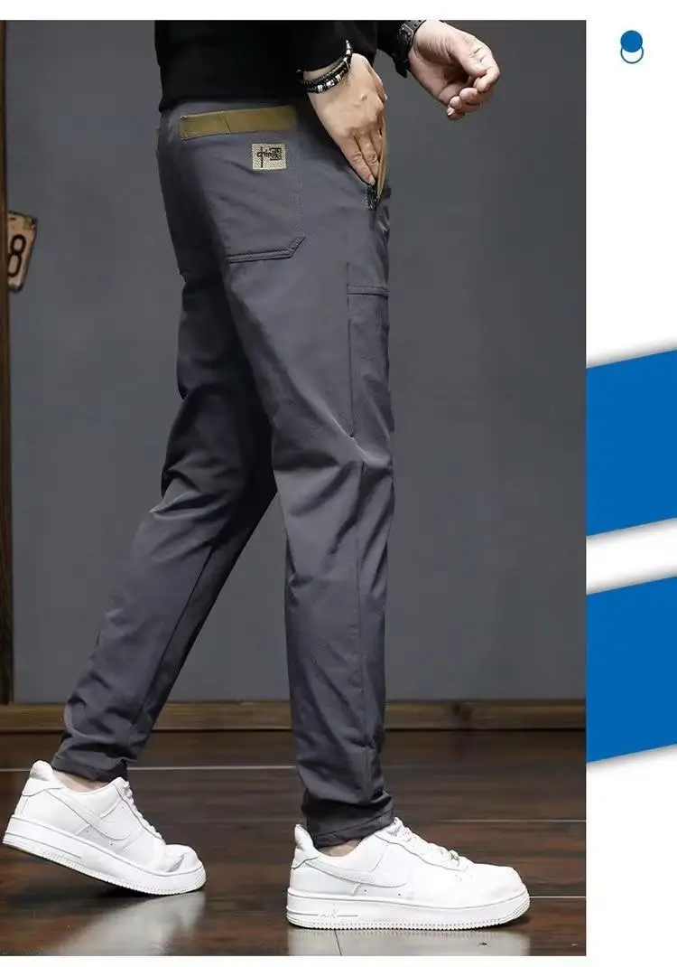Men Ice Silk Straight Trousers Black Grey Embroidery — feature 10